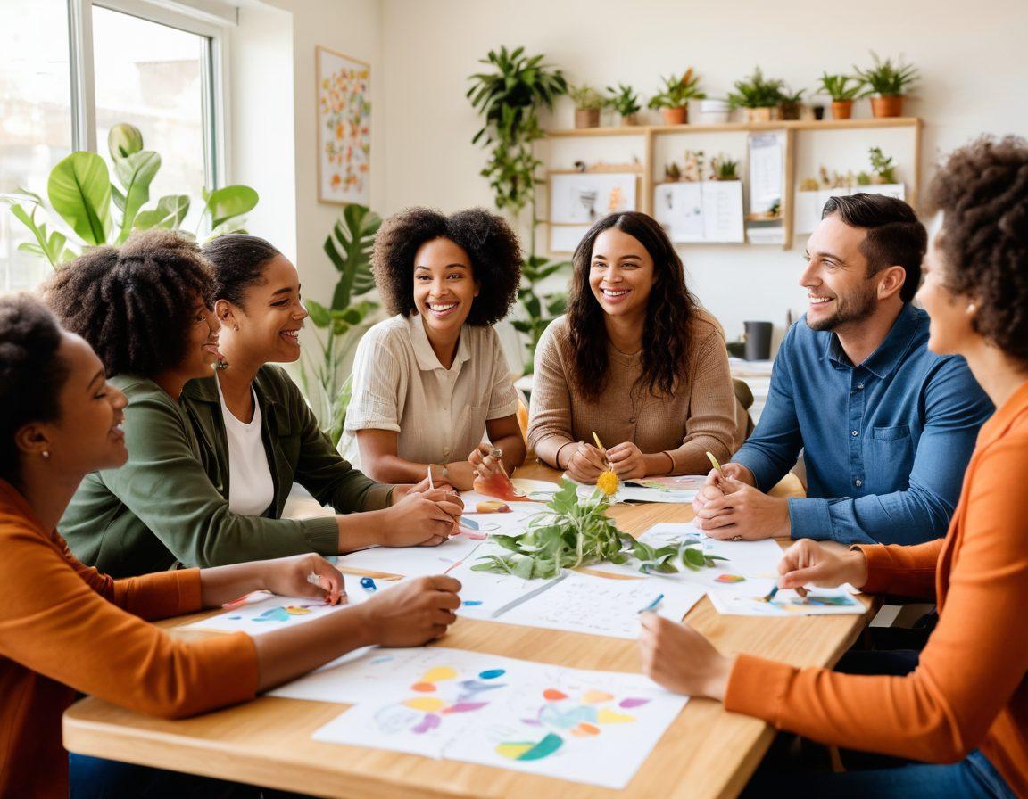 An inclusive community meeting in a bright and open space, featuring diverse individuals engaged in collaborative activities, sharing ideas and laughter. Incorporate elements like plants and art to symbolize growth and creativity, along with soft lighting to evoke a warm atmosphere. Include visuals of teamwork such as brainstorming on a whiteboard, people high-fiving, and enjoying refreshments together. Illustrate a strong sense of belonging and support in the community. vibrant colors. natural light. painting.