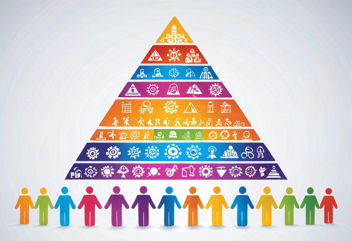 A visually striking pyramid composed of diverse figures representing different roles in a business, each layer showcasing vibrant and joyful expressions. The pyramid is surrounded by floating icons of collaboration, innovation, and satisfaction. Above it, colorful rays of light symbolize positivity and growth. Incorporate a background of interconnected gears and teamwork symbols to represent cooperation. super-realistic. vibrant colors. white background.