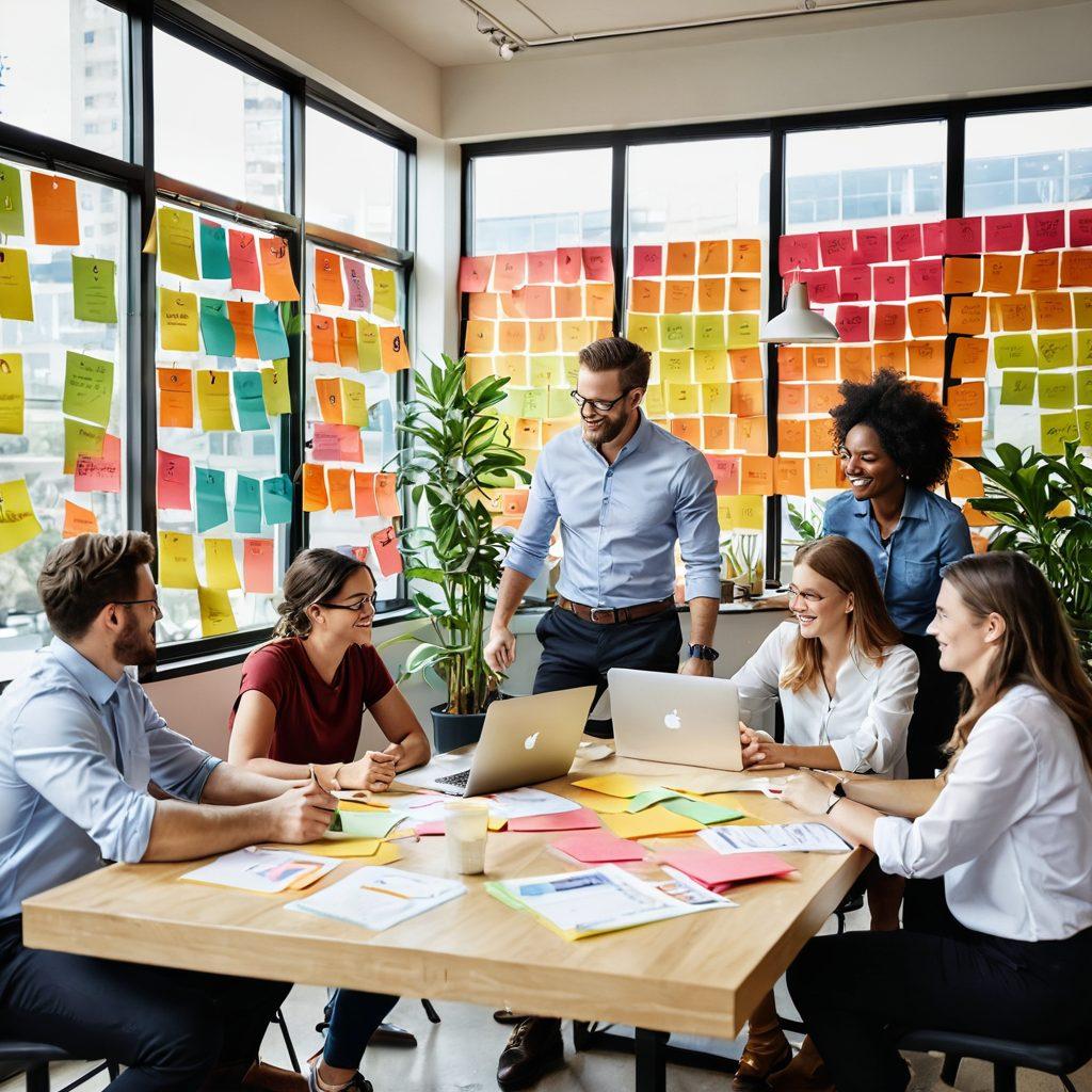 A dynamic office space filled with diverse employees collaborating enthusiastically around a large table, colorful post-it notes and brainstorming diagrams scattered about. Bright plants and cheerful artwork adorn the walls, while sunlight streams through expansive windows, creating an uplifting atmosphere. Smiling faces, teamwork vibes, and a sense of joy in productivity should be captured. super-realistic. vibrant colors. modern design.